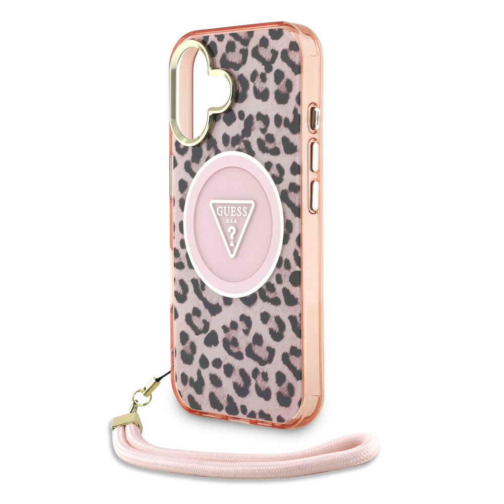 Guess Guess iPhone 16 Back cover case - Magsafe - Leopard print with Nylon strap - Pink Guess Guess iPhone 16 Back cover case - Magsafe - Leopard print with Nylon strap - Pink
