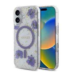 Guess iPhone 16 Back cover case - Magsafe - Resin Flowers Design - Purple