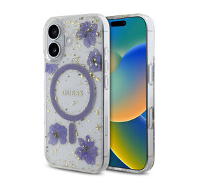 Guess Guess iPhone 16 Back cover coque - Magsafe - Resin Flowers Design - Violet Guess Guess iPhone 16 Back cover coque - Magsafe - Resin Flowers Design - Violet