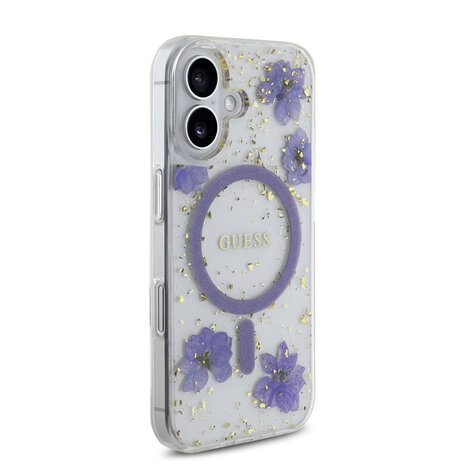 Guess Guess iPhone 16 Back cover coque - Magsafe - Resin Flowers Design - Violet Guess Guess iPhone 16 Back cover coque - Magsafe - Resin Flowers Design - Violet