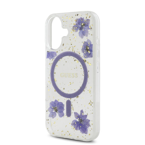 Guess Guess iPhone 16 Back cover coque - Magsafe - Resin Flowers Design - Violet Guess Guess iPhone 16 Back cover coque - Magsafe - Resin Flowers Design - Violet