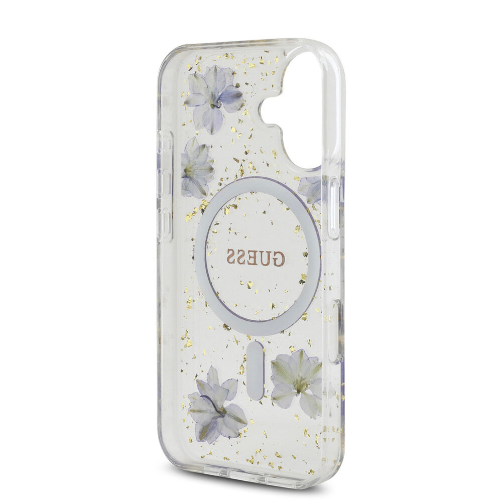 Guess Guess iPhone 16 Back cover coque - Magsafe - Resin Flowers Design - Violet Guess Guess iPhone 16 Back cover coque - Magsafe - Resin Flowers Design - Violet