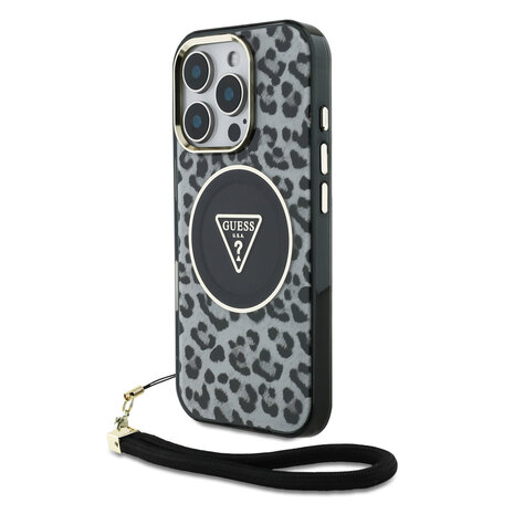 Guess Guess iPhone 16 Pro Back cover case - Magsafe - Leopard print with Nylon strap - Black Guess Guess iPhone 16 Pro Back cover case - Magsafe - Leopard print with Nylon strap - Black