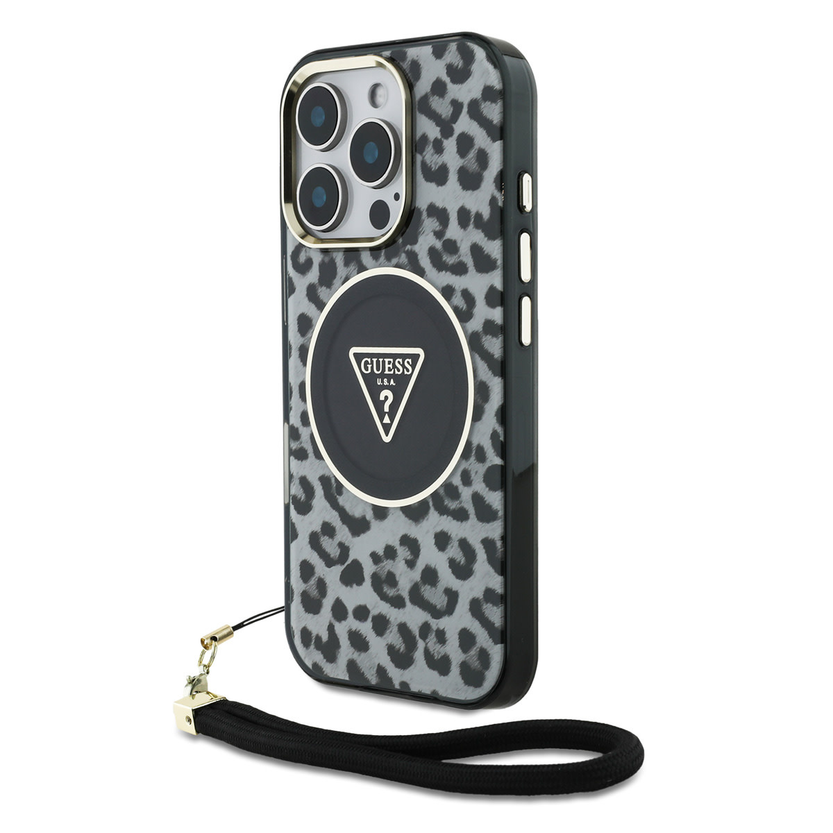 Guess Guess iPhone 16 Pro Backcover hoesje - Magsafe - Leopard print with Nylon strap - Zwart