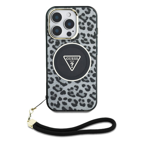 Guess Guess iPhone 16 Pro Back cover case - Magsafe - Leopard print with Nylon strap - Black Guess Guess iPhone 16 Pro Back cover case - Magsafe - Leopard print with Nylon strap - Black
