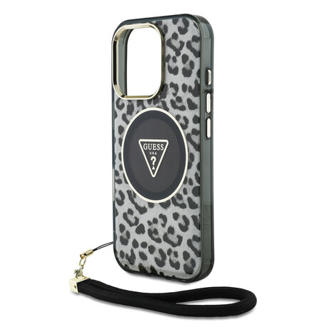 Guess Guess iPhone 16 Pro Back cover case - Magsafe - Leopard print with Nylon strap - Black Guess Guess iPhone 16 Pro Back cover case - Magsafe - Leopard print with Nylon strap - Black