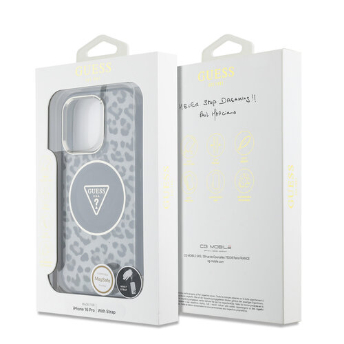 Guess Guess iPhone 16 Pro Backcover hoesje - Magsafe - Leopard print with Nylon strap - Zwart
