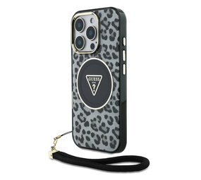 Guess Guess iPhone 16 Pro Max Back cover coque - Magsafe - Leopard print with Nylon strap - Noir Guess Guess iPhone 16 Pro Max Back cover coque - Magsafe - Leopard print with Nylon strap - Noir