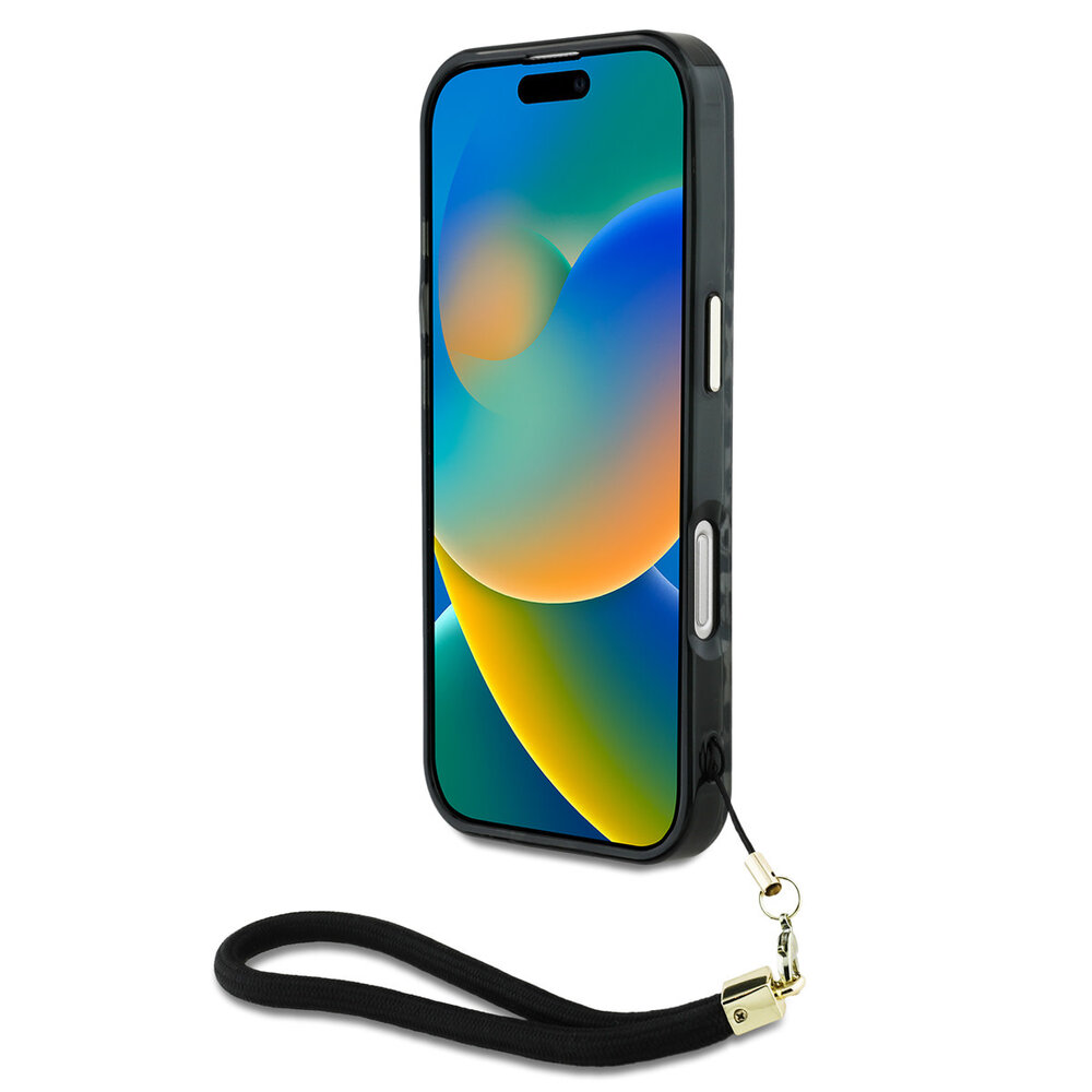 Guess Guess iPhone 16 Pro Max Backcover hoesje - Magsafe - Leopard print with Nylon strap - Zwart Guess Guess iPhone 16 Pro Max Backcover hoesje - Magsafe - Leopard print with Nylon strap - Zwart