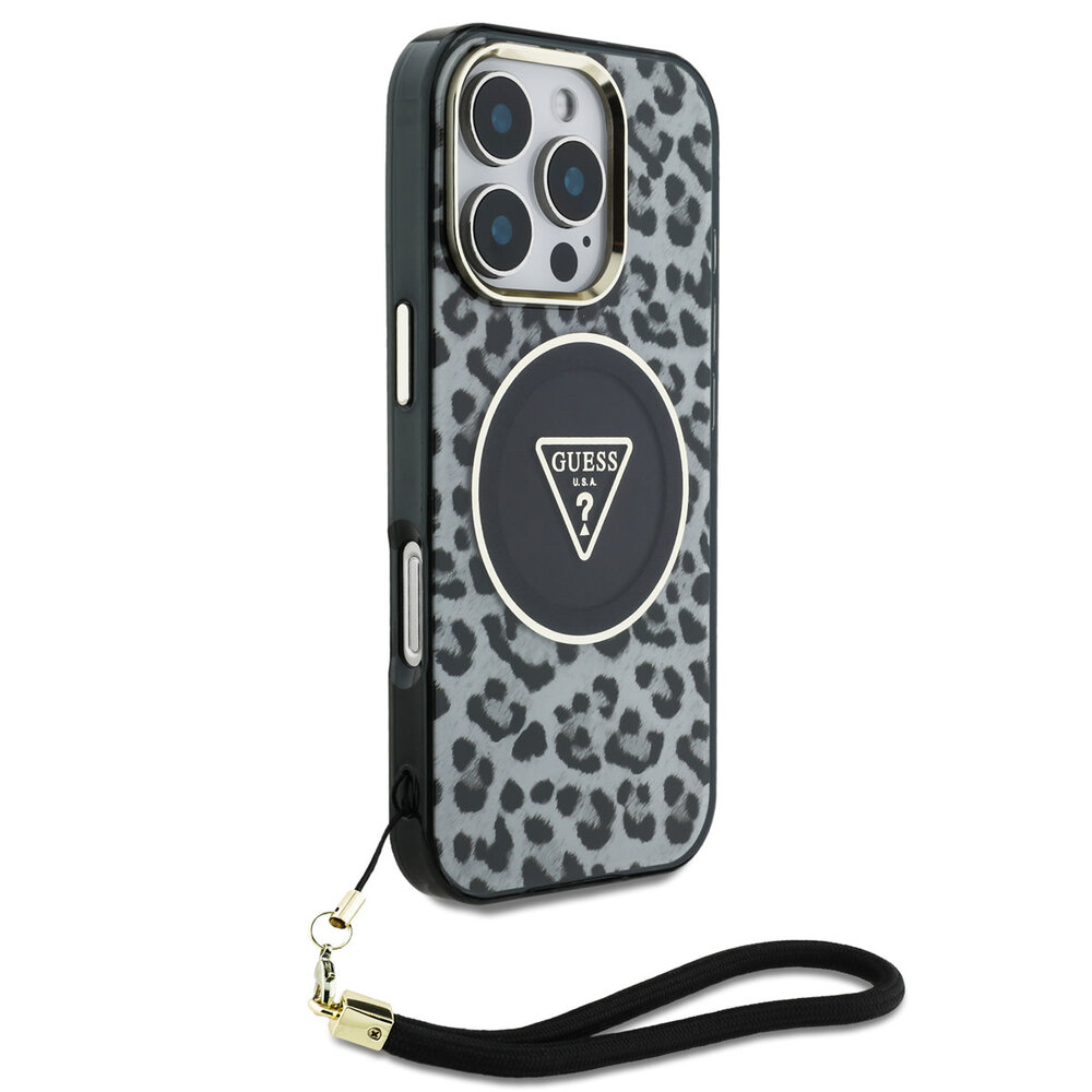 Guess Guess iPhone 16 Pro Max Backcover hoesje - Magsafe - Leopard print with Nylon strap - Zwart Guess Guess iPhone 16 Pro Max Backcover hoesje - Magsafe - Leopard print with Nylon strap - Zwart