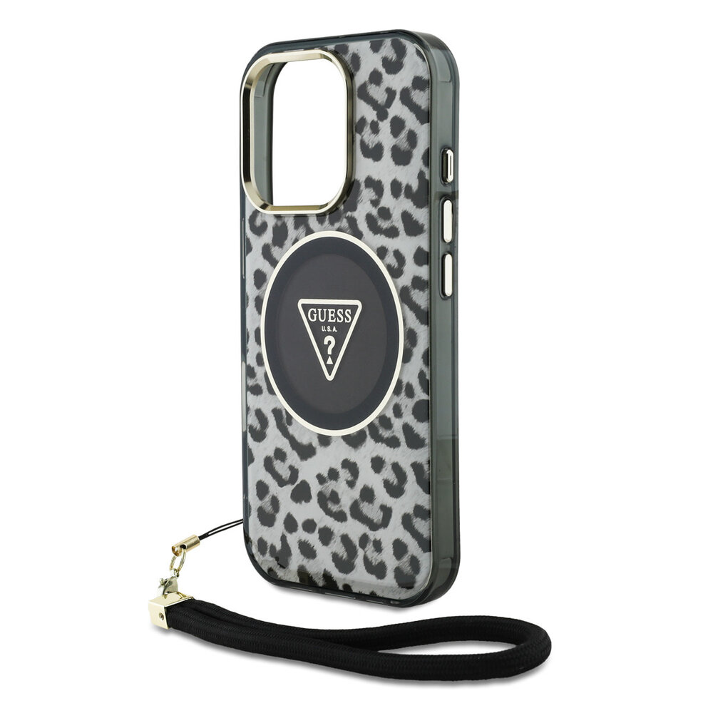 Guess Guess iPhone 16 Pro Max Backcover hoesje - Magsafe - Leopard print with Nylon strap - Zwart Guess Guess iPhone 16 Pro Max Backcover hoesje - Magsafe - Leopard print with Nylon strap - Zwart