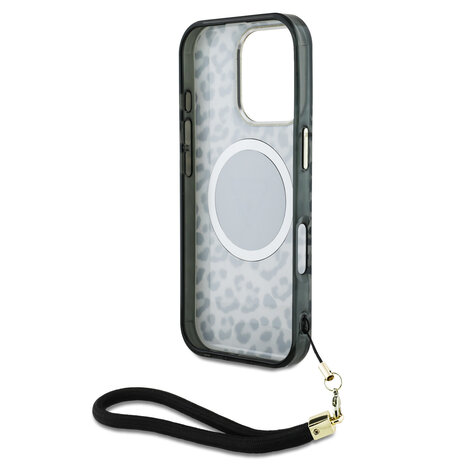 Guess Guess iPhone 16 Pro Max Back cover case - Magsafe - Leopard print with Nylon strap - Black Guess Guess iPhone 16 Pro Max Back cover case - Magsafe - Leopard print with Nylon strap - Black