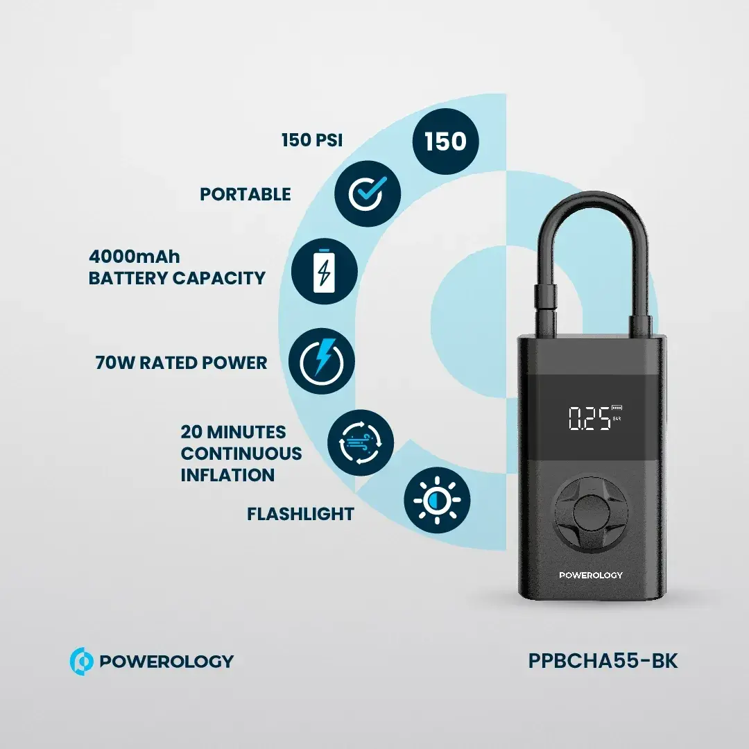 Powerology 3C Mini Air Pump 4000mAh - Zwart, foto 3 van 6