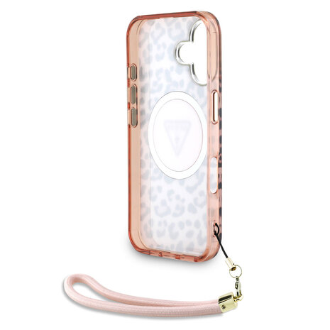 Guess Guess iPhone 16 Back cover coque - Magsafe - Leopard print with Nylon strap - Rose Guess Guess iPhone 16 Back cover coque - Magsafe - Leopard print with Nylon strap - Rose