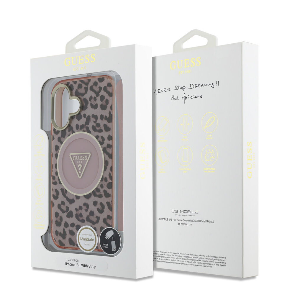 Guess Guess iPhone 16 Back cover case - Magsafe - Leopard print with Nylon strap - Pink Guess Guess iPhone 16 Back cover case - Magsafe - Leopard print with Nylon strap - Pink