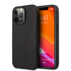 AMG iPhone 13 Pro Backcover hoesje - Carbon Effect - Leather & Red Stitching - Zwart