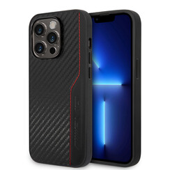 AMG iPhone 14 Pro Back cover case - Carbon Effect - Leather & Red Stitching - Black