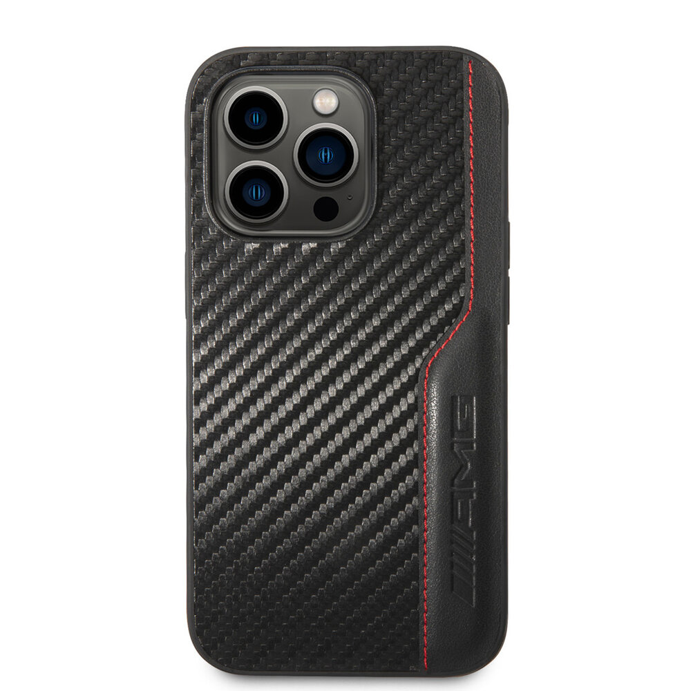 AMG AMG iPhone 14 Pro Back cover coque - Carbon Effect - Leather & Red Stitching - Noir AMG AMG iPhone 14 Pro Back cover coque - Carbon Effect - Leather & Red Stitching - Noir