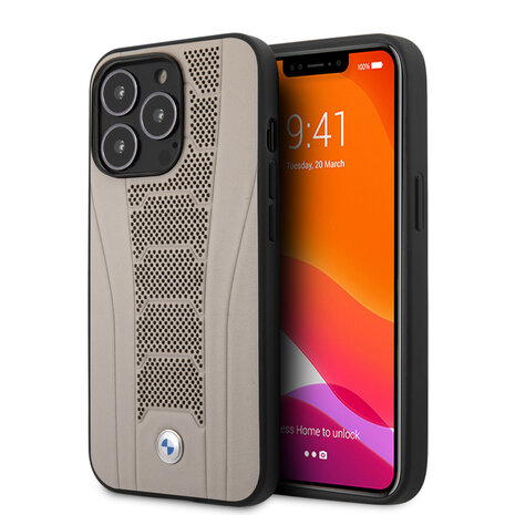 BMW BMW iPhone 13 Pro Back-Cover hul - Leather Signature - Perforated Deboss Line - Beige BMW BMW iPhone 13 Pro Back-Cover hul - Leather Signature - Perforated Deboss Line - Beige