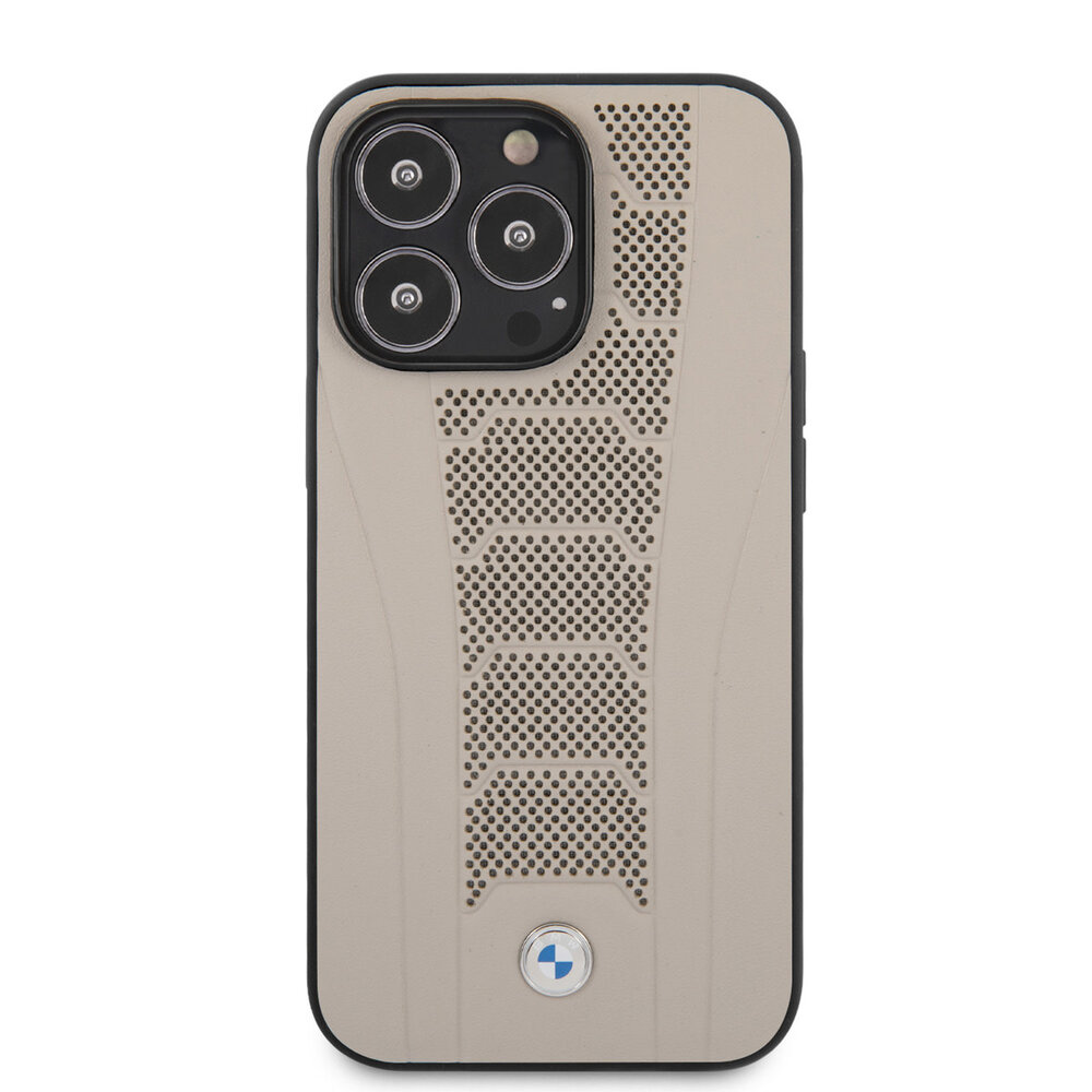 BMW BMW iPhone 13 Pro Back-Cover hul - Leather Signature - Perforated Deboss Line - Beige BMW BMW iPhone 13 Pro Back-Cover hul - Leather Signature - Perforated Deboss Line - Beige