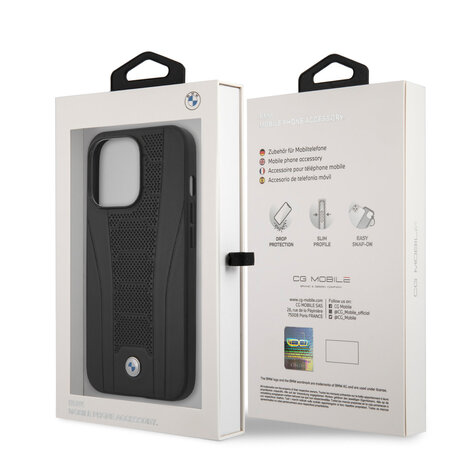 BMW BMW iPhone 13 Pro Back-Cover hul - Leather Signature - Perforated Deboss Line - Schwarz BMW BMW iPhone 13 Pro Back-Cover hul - Leather Signature - Perforated Deboss Line - Schwarz