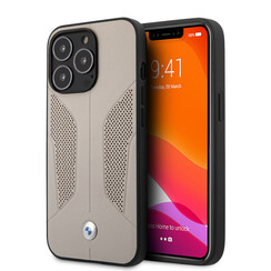 BMW iPhone 13 Pro Backcover hoesje - Leather Signature - Perforated Sides - Grijs