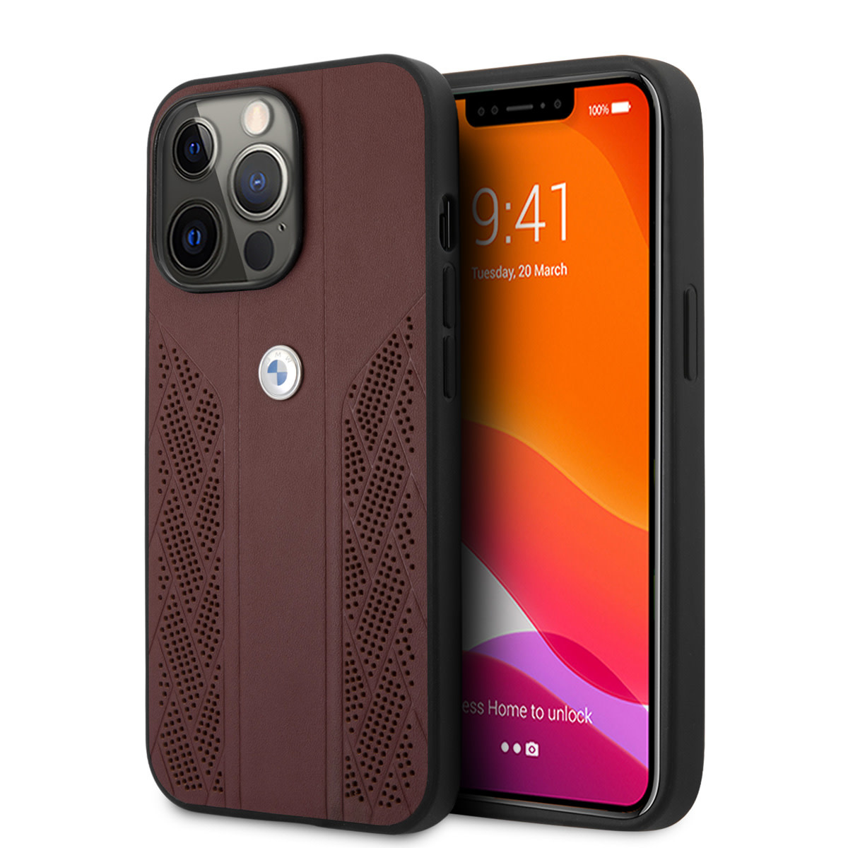BMW BMW iPhone 13 Pro Max Backcover hoesje - Leather Signature - Perforated Curves - Rood