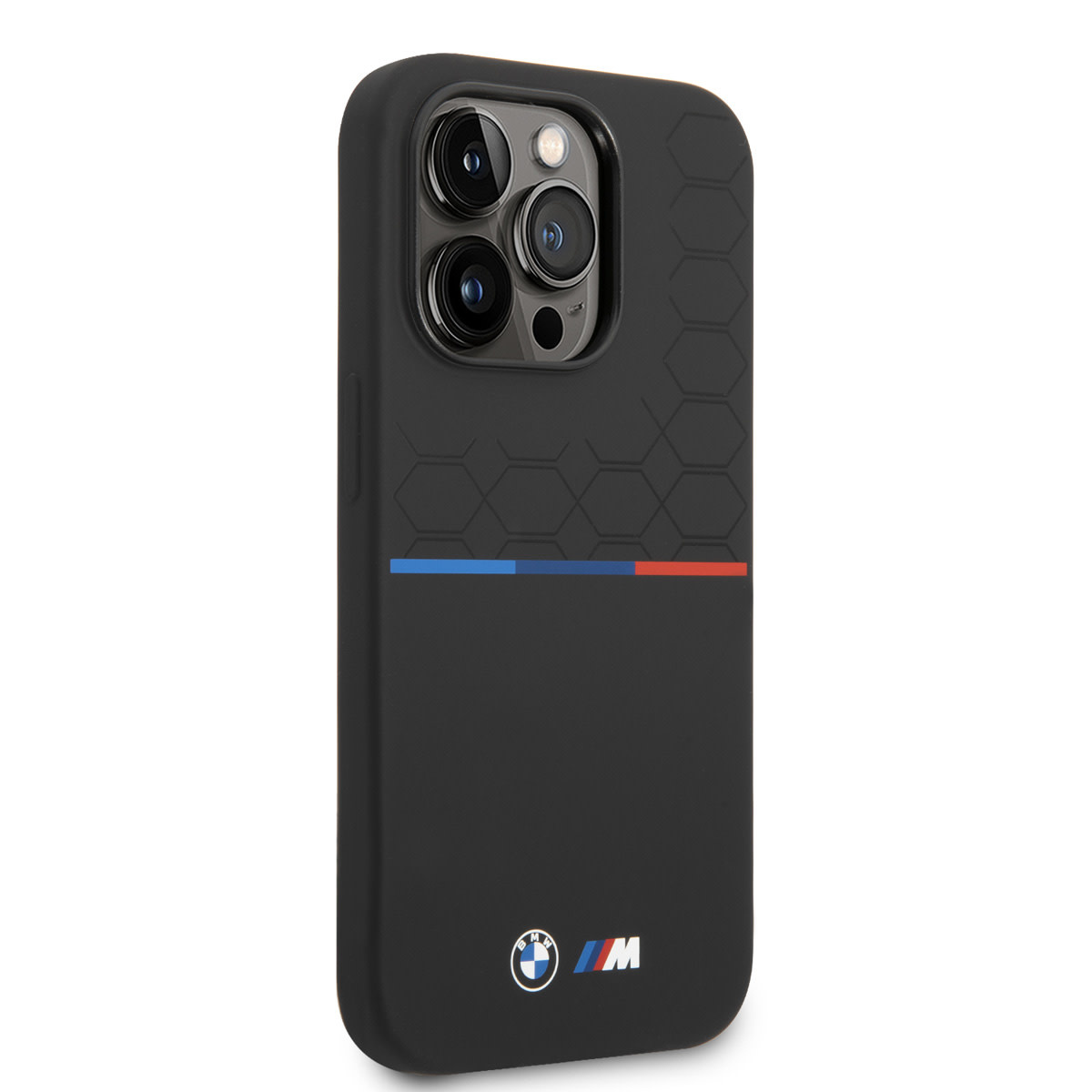 BMW BMW iPhone 14 Pro Backcover hoesje - Silicone - Varnish Pattern - Tricolor Line - Zwart, foto 4 van 6
