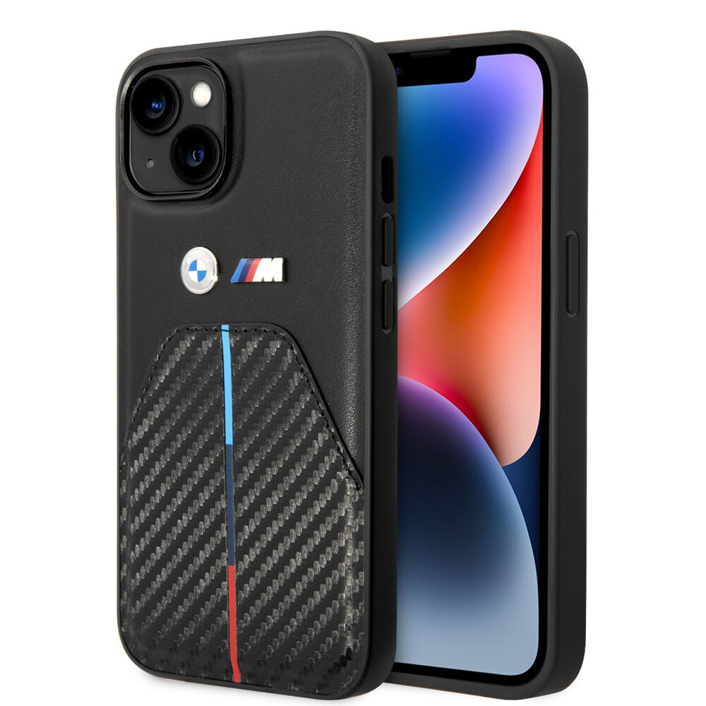 BMW BMW iPhone 14 Plus & 15 Plus Backcover hoesje - Carbon Tricolor Pattern - Zwart BMW BMW iPhone 14 Plus & 15 Plus Backcover hoesje - Carbon Tricolor Pattern - Zwart