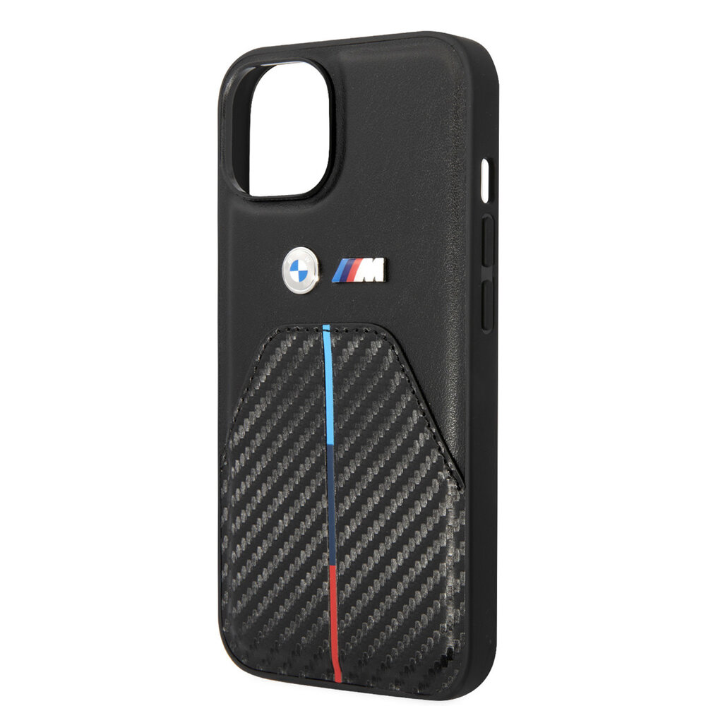 BMW BMW iPhone 14 Plus & 15 Plus Backcover hoesje - Carbon Tricolor Pattern - Zwart BMW BMW iPhone 14 Plus & 15 Plus Backcover hoesje - Carbon Tricolor Pattern - Zwart