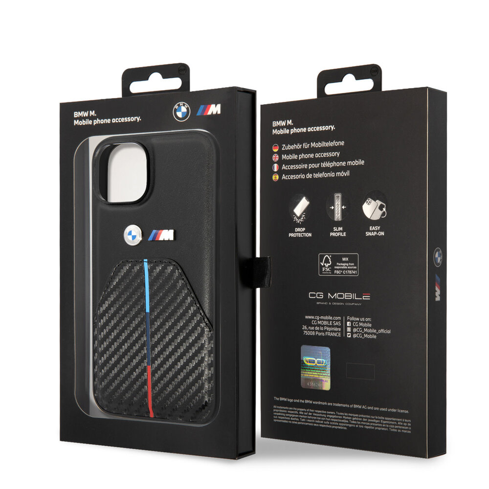 BMW BMW iPhone 14 Plus & 15 Plus Back-Cover hul - Carbon Tricolor Pattern - Schwarz BMW BMW iPhone 14 Plus & 15 Plus Back-Cover hul - Carbon Tricolor Pattern - Schwarz