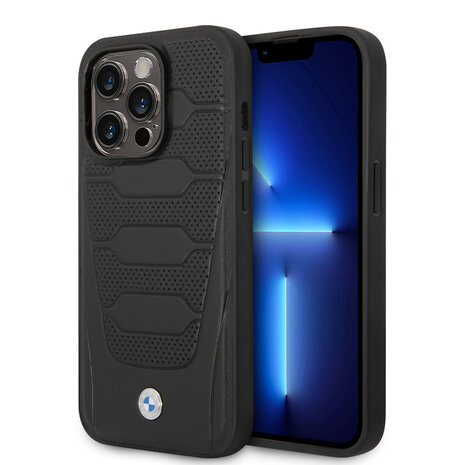 BMW BMW iPhone 14 Pro Max Back-Cover hul - Leather Signature - Perforated Seats Design - Schwarz BMW BMW iPhone 14 Pro Max Back-Cover hul - Leather Signature - Perforated Seats Design - Schwarz