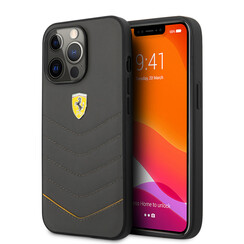 Ferrari iPhone 13 Pro Back cover coque - Genuine Leather - Quilted Edge - Yellow Line - Gris