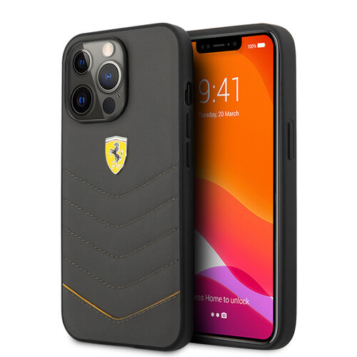 Ferrari Ferrari iPhone 13 Pro Back cover coque - Genuine Leather - Quilted Edge - Yellow Line - Gris