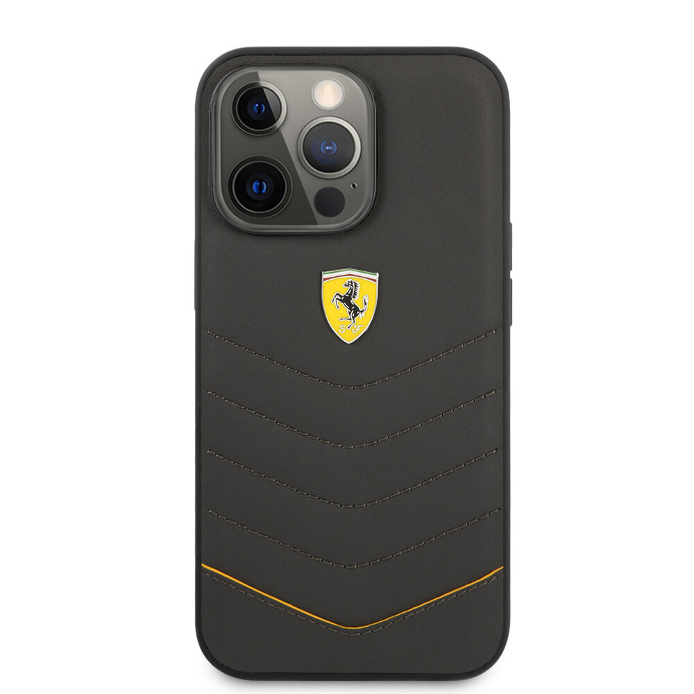 Ferrari Ferrari iPhone 13 Pro Back cover case - Genuine Leather - Quilted Edge - Yellow Line - Grey Ferrari Ferrari iPhone 13 Pro Back cover case - Genuine Leather - Quilted Edge - Yellow Line - Grey