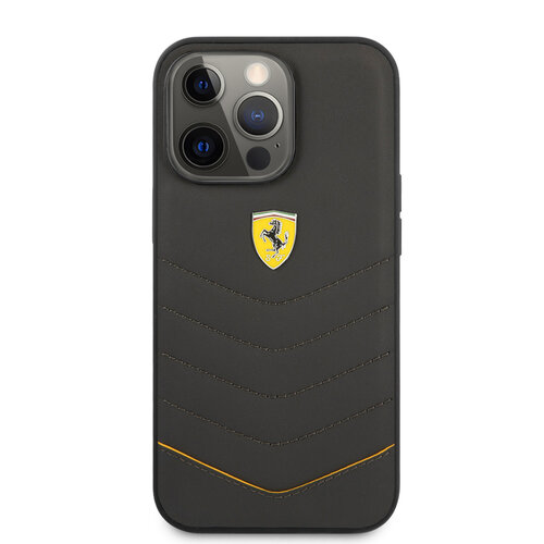 Ferrari Ferrari iPhone 13 Pro Back cover coque - Genuine Leather - Quilted Edge - Yellow Line - Gris