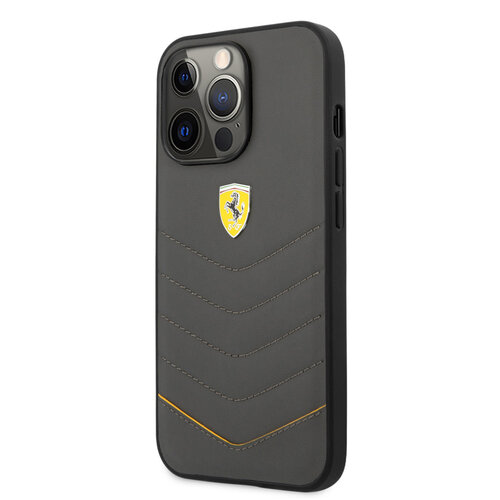 Ferrari Ferrari iPhone 13 Pro Back cover case - Genuine Leather - Quilted Edge - Yellow Line - Grey