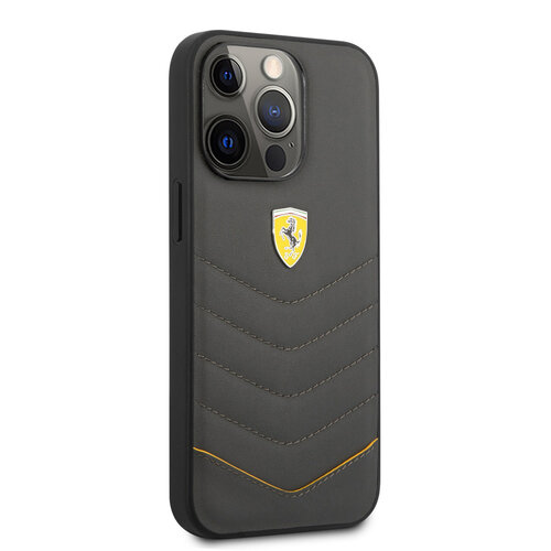 Ferrari Ferrari iPhone 13 Pro Backcover hoesje - Genuine Leather - Quilted Edge - Yellow Line - Grijs