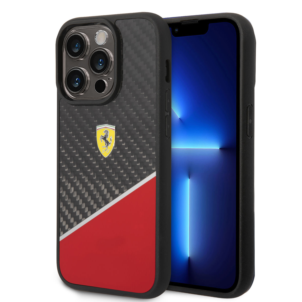 Ferrari Ferrari iPhone 14 Pro Backcover hoesje - BiMaterial - Carbon & Red Stripe - Zwart