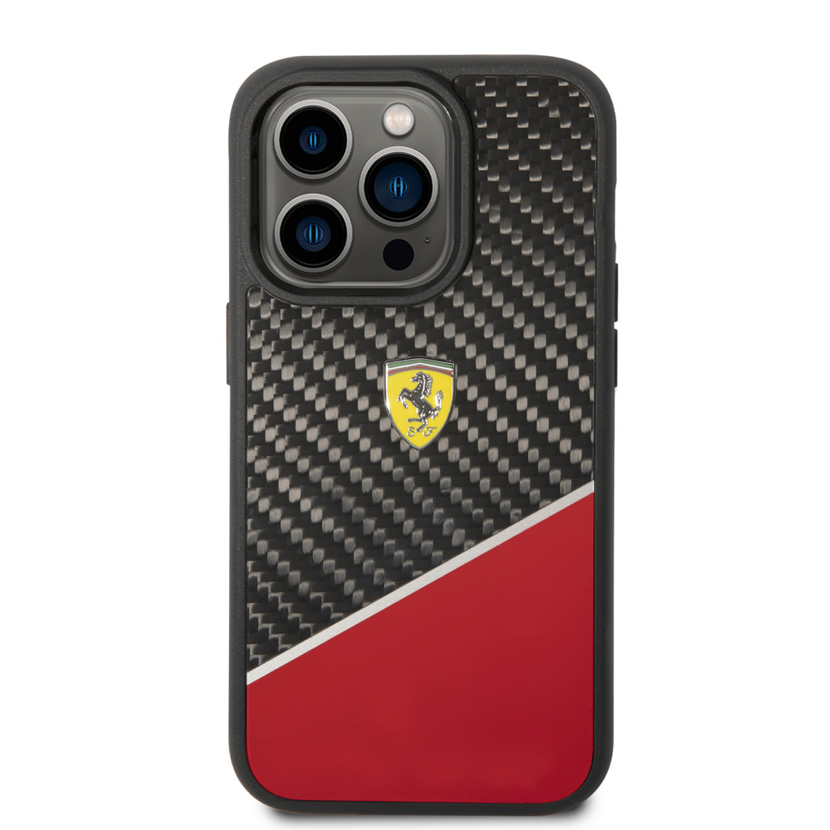 Ferrari Ferrari iPhone 14 Pro Backcover hoesje - BiMaterial - Carbon & Red Stripe - Zwart, foto 3 van 6