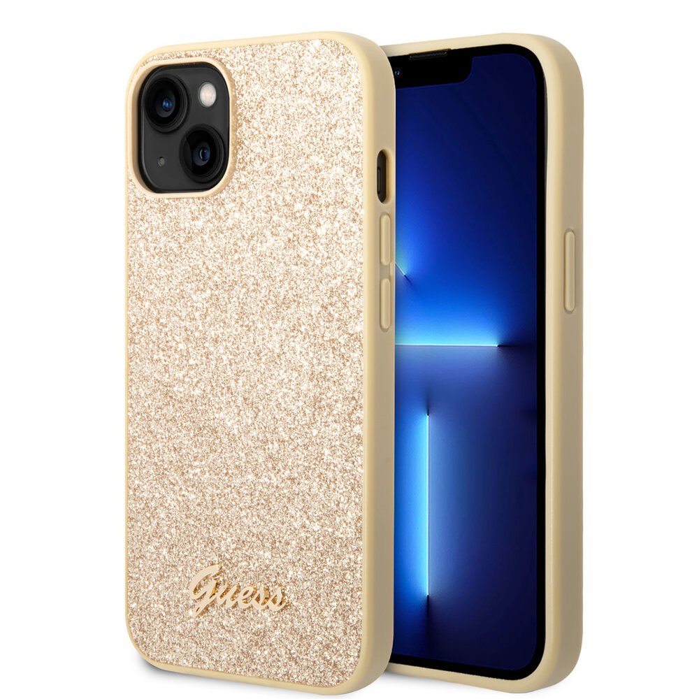 Guess Guess iPhone 14 Plus & 15 Plus Backcover hoesje - Fixed Glitter - Script Metal Logo - Goud Guess Guess iPhone 14 Plus & 15 Plus Backcover hoesje - Fixed Glitter - Script Metal Logo - Goud