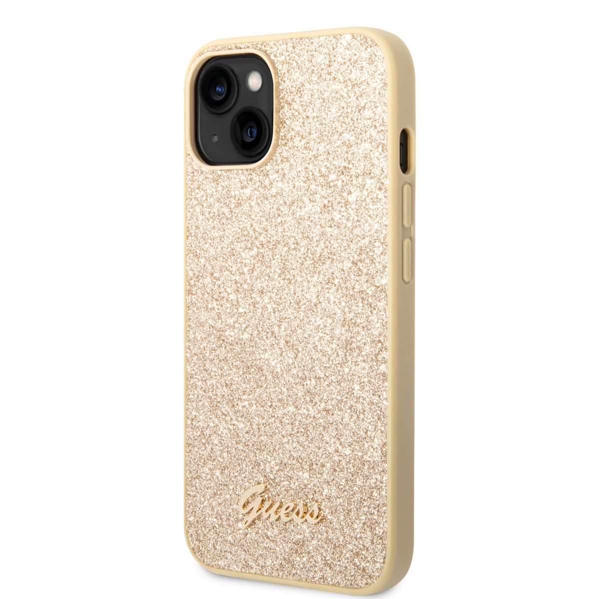 Guess Guess iPhone 14 Plus & 15 Plus Backcover hoesje - Fixed Glitter - Script Metal Logo - Goud, foto 2 van 6