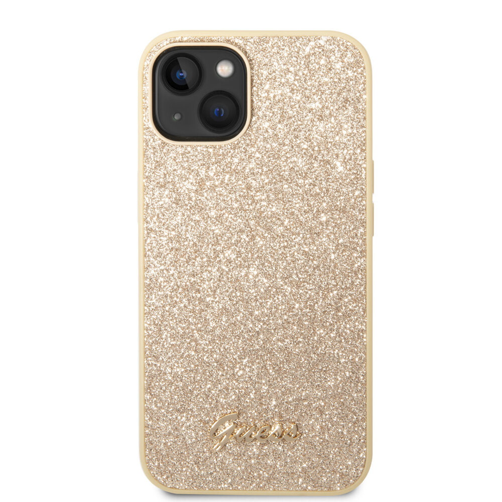 Guess Guess iPhone 14 Plus & 15 Plus Backcover hoesje - Fixed Glitter - Script Metal Logo - Goud Guess Guess iPhone 14 Plus & 15 Plus Backcover hoesje - Fixed Glitter - Script Metal Logo - Goud