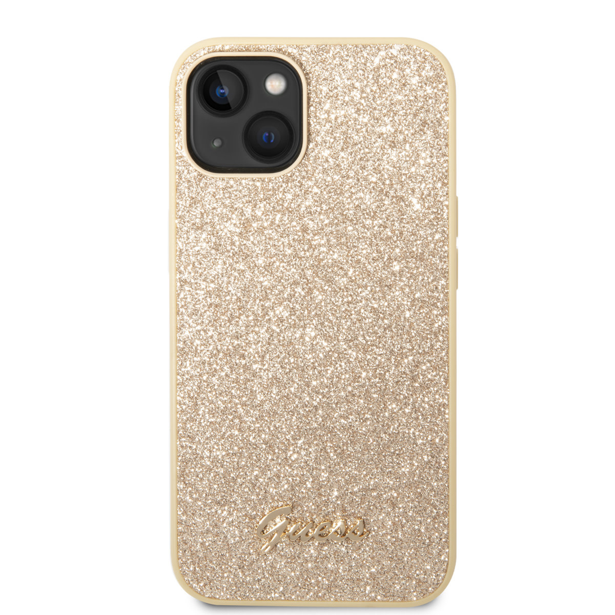 Guess Guess iPhone 14 Plus & 15 Plus Backcover hoesje - Fixed Glitter - Script Metal Logo - Goud, foto 3 van 6