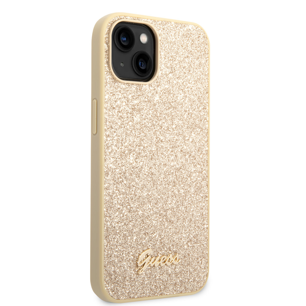 Guess Guess iPhone 14 Plus & 15 Plus Backcover hoesje - Fixed Glitter - Script Metal Logo - Goud, foto 4 van 6