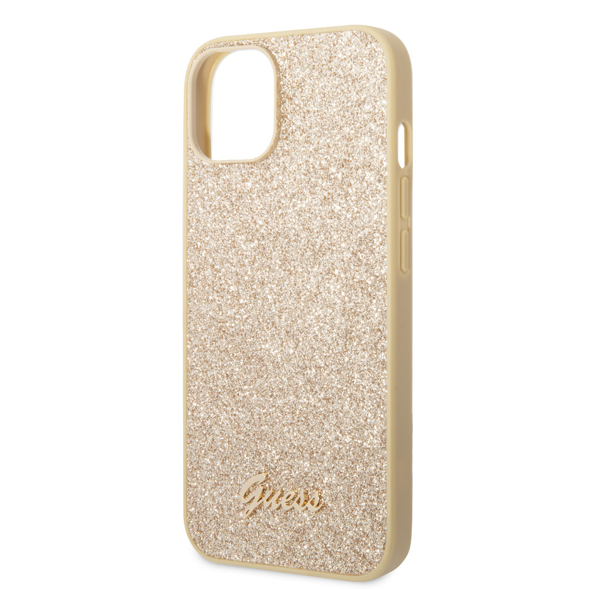 Guess Guess iPhone 14 Plus & 15 Plus Backcover hoesje - Fixed Glitter - Script Metal Logo - Goud, foto 5 van 6