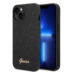 Guess iPhone 14 Plus & 15 Plus Back-Cover hul - Fixed Glitter - Script Metal Logo - Schwarz