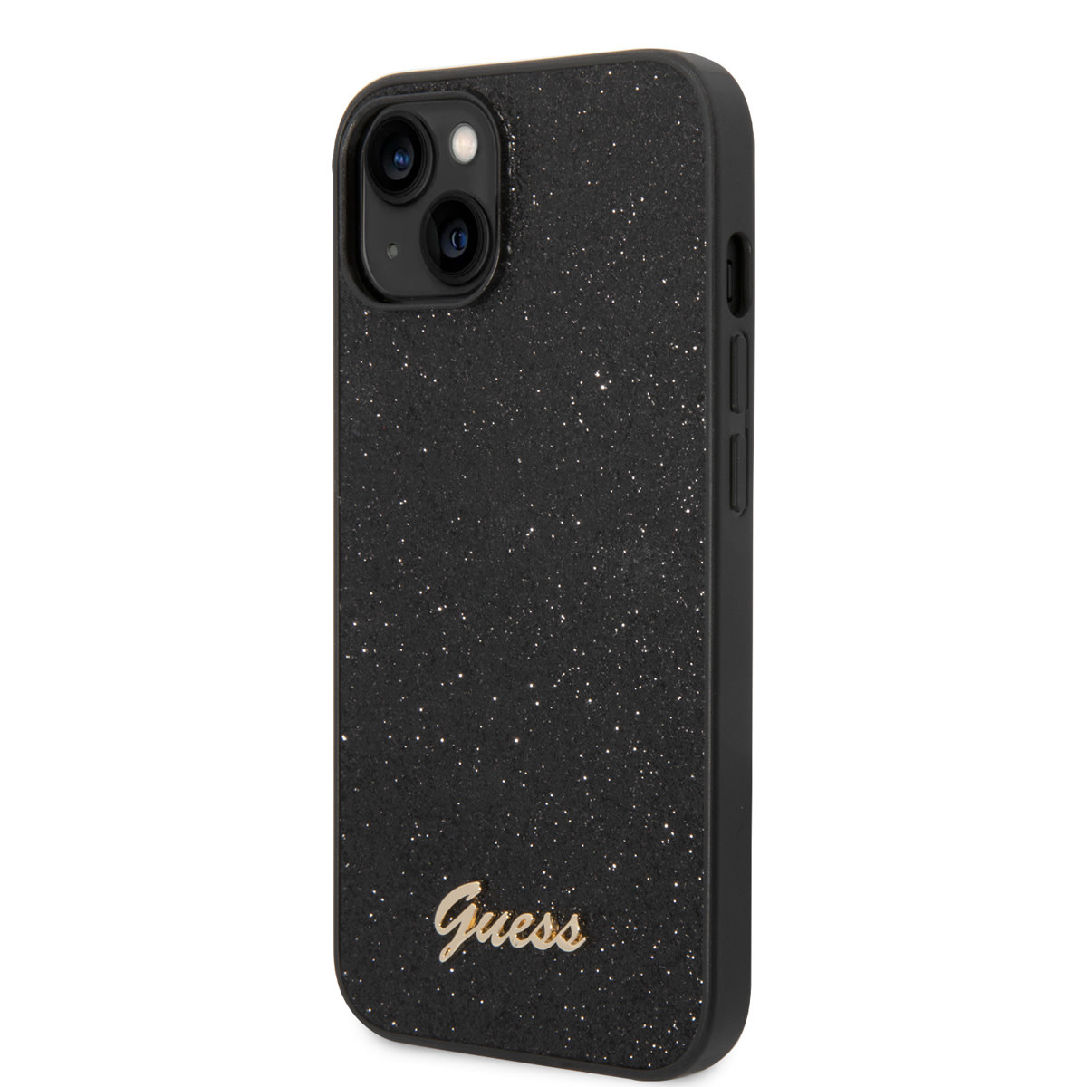 Guess Guess iPhone 14 Plus & 15 Plus Backcover hoesje - Fixed Glitter - Script Metal Logo - Zwart, foto 2 van 6