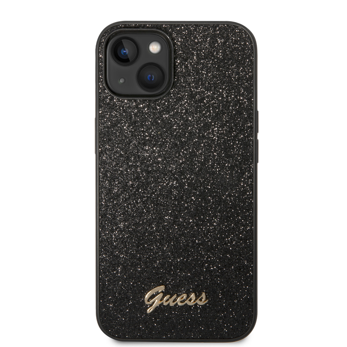 Guess Guess iPhone 14 Plus & 15 Plus Backcover hoesje - Fixed Glitter - Script Metal Logo - Zwart, foto 3 van 6
