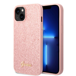 Guess iPhone 14 Plus & 15 Plus Back-Cover hul - Fixed Glitter - Script Metal Logo - Rosa